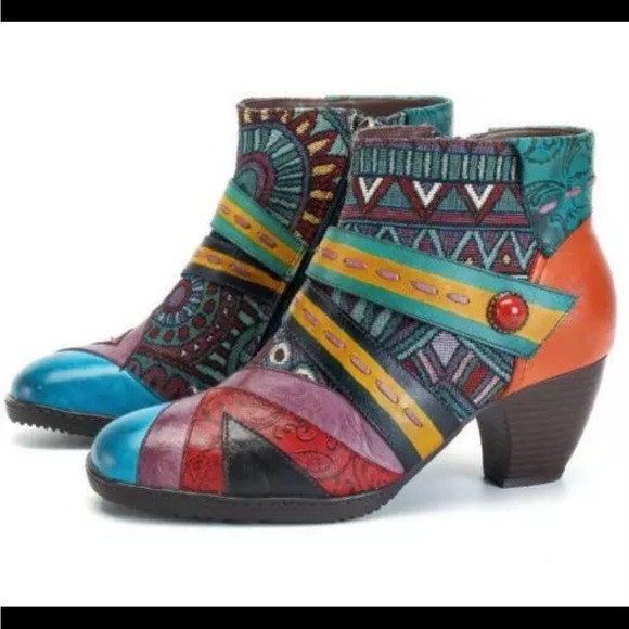 socofy Shoes - Socofy Patchwork Tapestry Leather Colorful Women's Ankle Boots